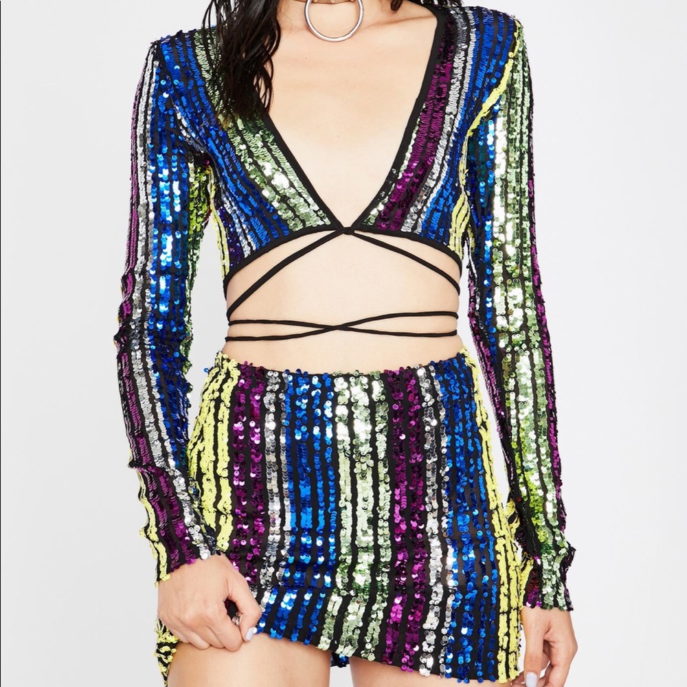 Shiny Disco Bae Striped Sequin Skirt Set